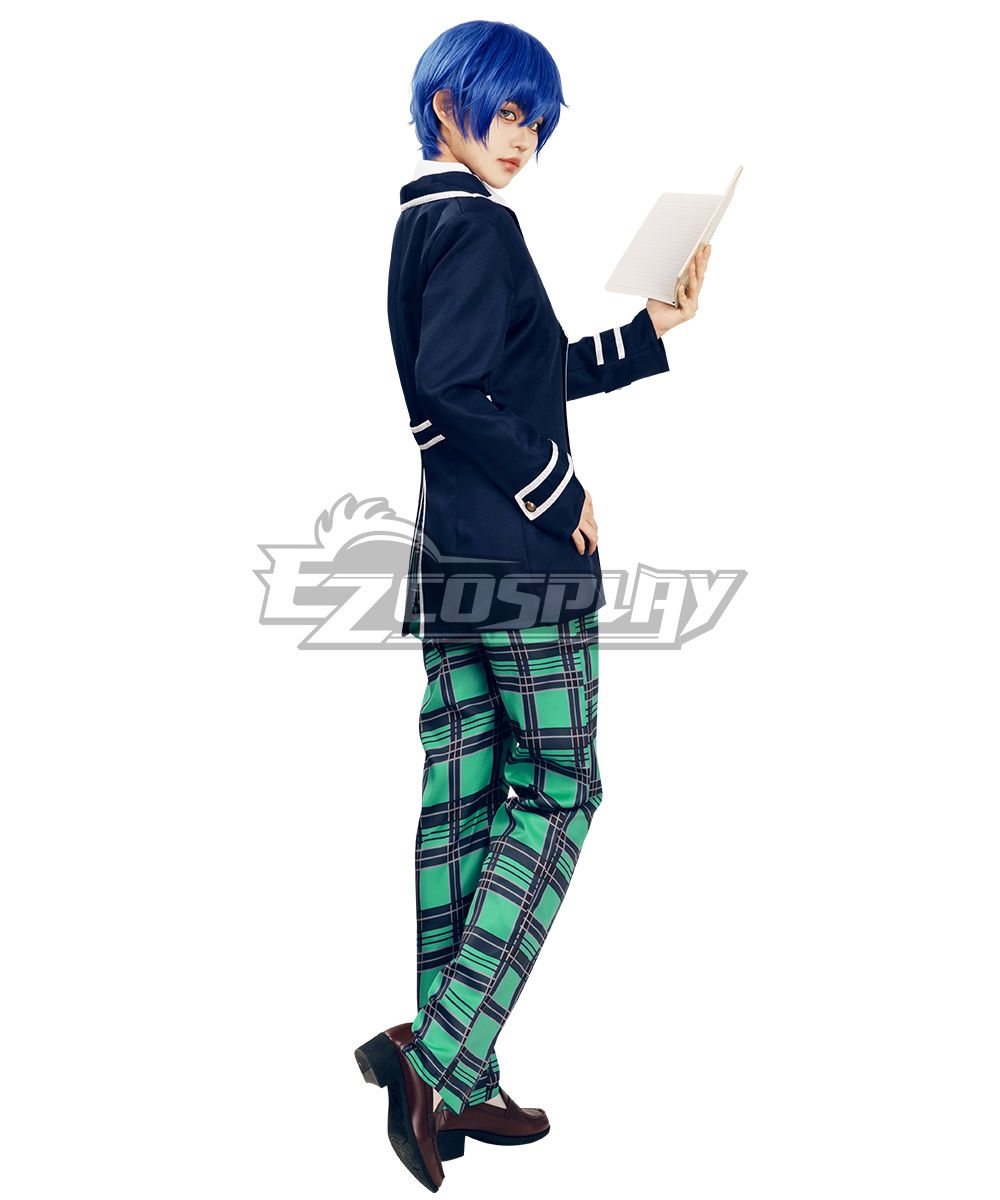 Side profile full-body studio shot of Naoto Shirogane detective uniform cos, model holding detective notebook prop to show side and back tailoring details