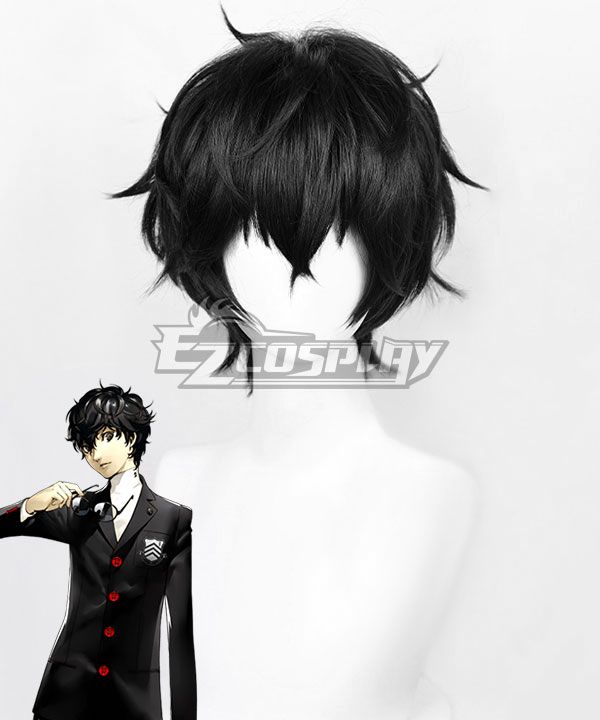 Mannequin-head showcase of textured jet-black short wig for Joker, layered spiky bangs and tousled top hair replicate his iconic hairstyle, official school-uniform artwork is attached for hairstyle reference