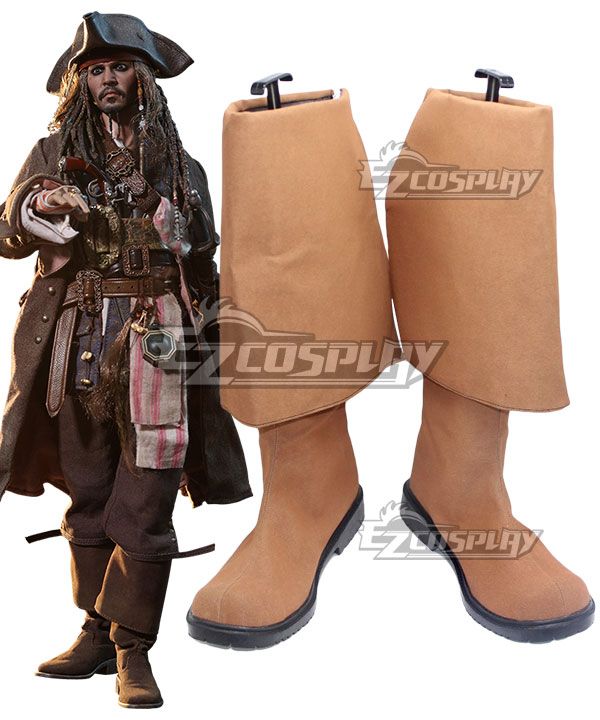 Tan suede fold-over calf pirate boots for Captain Jack Sparrow cosplay, side by side with movie character full body reference image