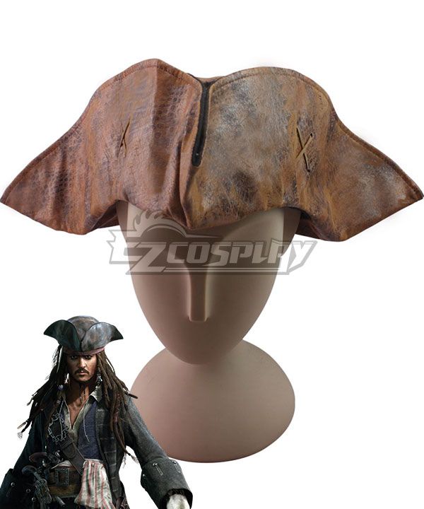 Vintage distressed brown faux leather tricorn pirate hat for Captain Jack Sparrow cosplay, mannequin display with official movie character reference on bottom left