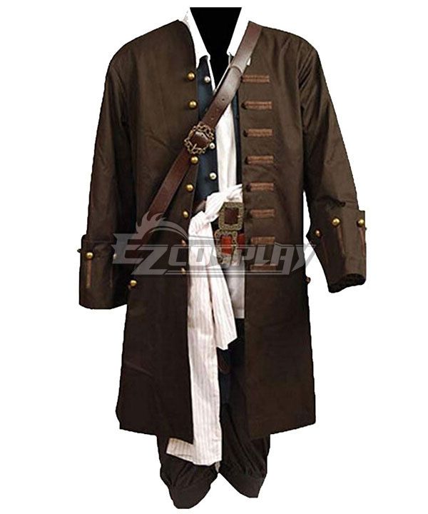 Single brown vintage pirate long coat for Captain Jack Sparrow cosplay, gold button and fabric strap detailing on front and cuffs
