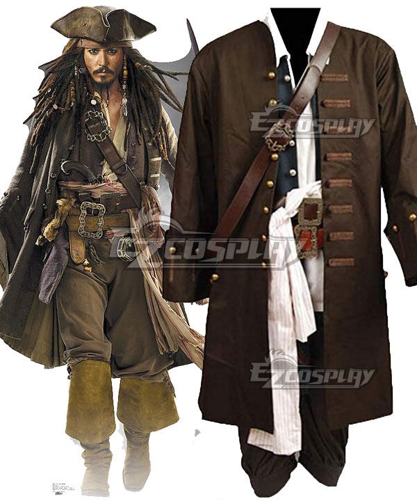 Complete Captain Jack Sparrow cosplay costume front display, long brown pirate coat, vest, shirt, sash and belts, official character poster reference on left