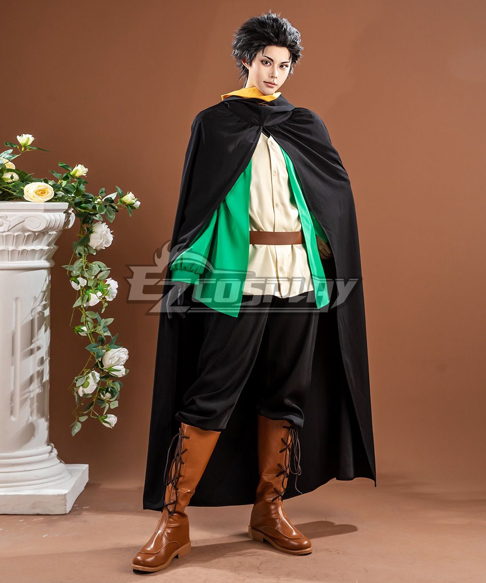 Model in full Subaru Natsuki cosplay from Re:Zero Season 4, front view with cloak and boots
