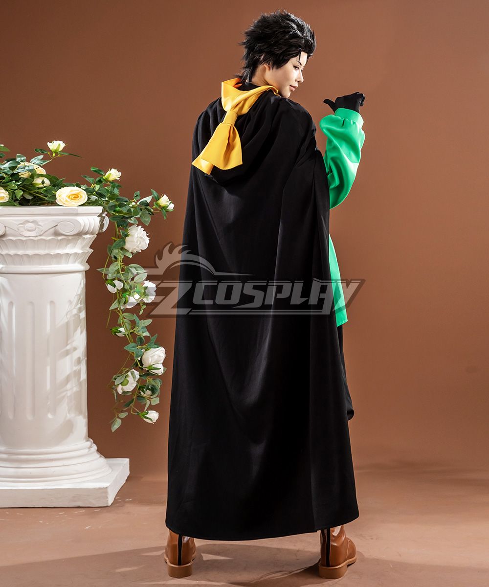 Back view of Subaru Natsuki cosplay, highlighting the cape’s hood and yellow scarf detail