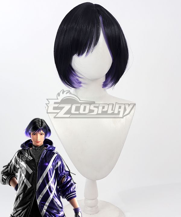 Short bob cos wig for Tekken 8 Reina, black to purple gradient hair ends, placed on white mannequin bust, official character art reference in corner