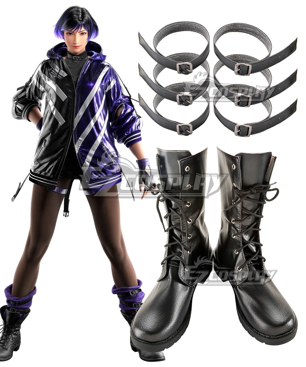 Official Reina full body art on left, matching cosplay combat boots and adjustable leather thigh straps displayed on right side
