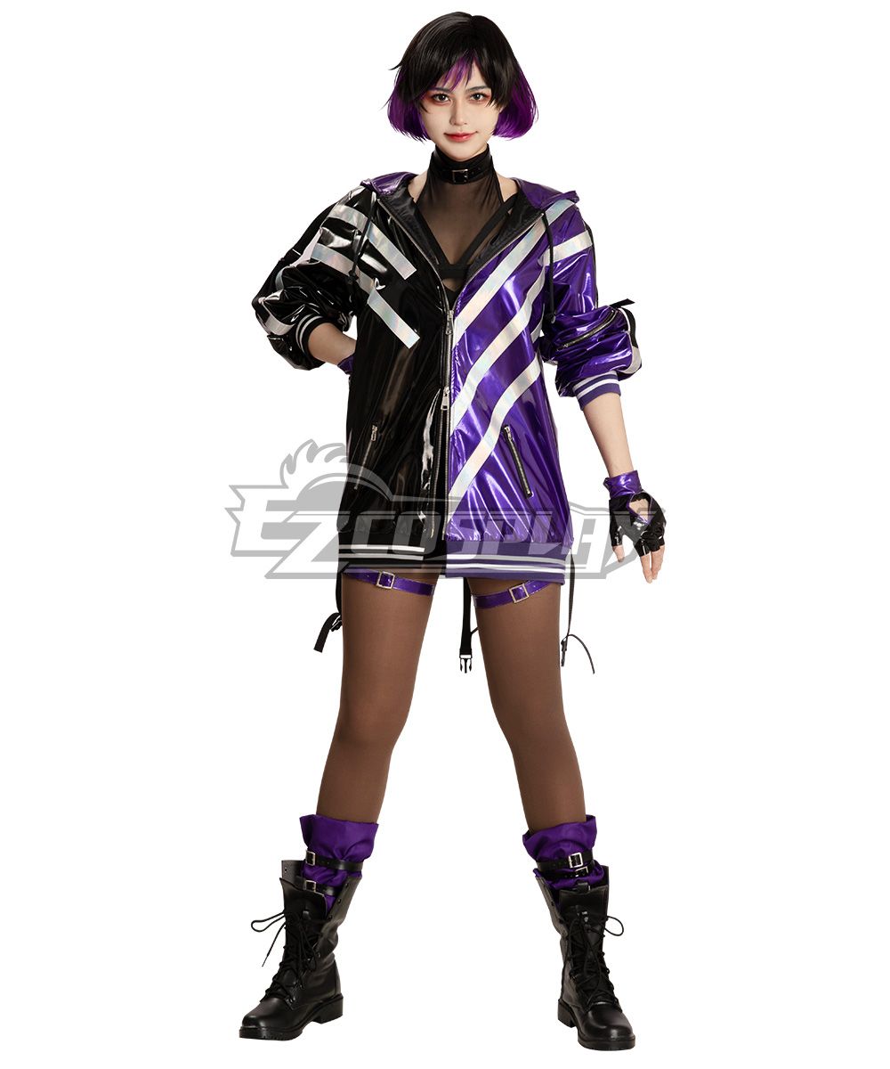 Female model full front shot wearing complete Tekken 8 Reina cosplay set, two-tone glossy jacket, sheer inner top, tights, purple leg wraps and combat boots