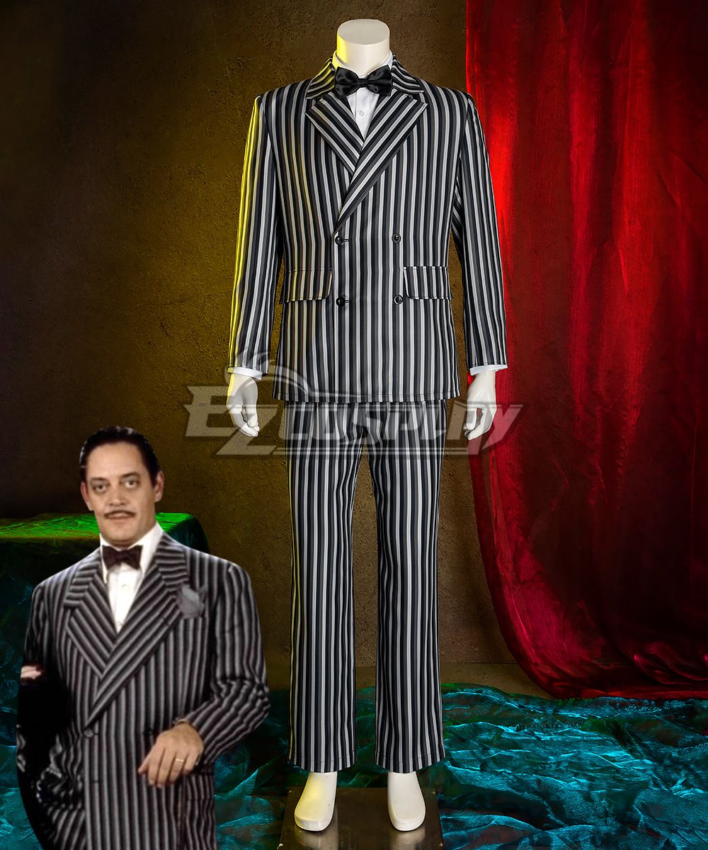 Mannequin displays full Gomez Addams double‑breasted stripe suit with bow tie, character reference inset