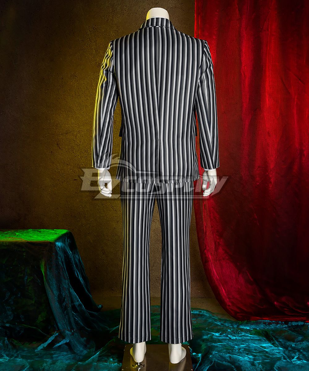 Back side view of Gomez Addams stripe double‑breasted suit on display mannequin, full suit set