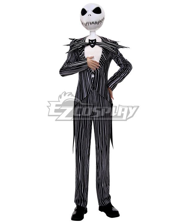 Front full-body studio shot of EZcos model wearing complete Jack costume, showcasing pinstripe jacket, matching trousers, jagged fabric bow tie and coordinating ankle boots