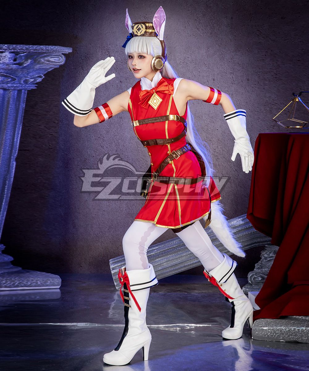 Side view of the Gold Ship cosplay costume, showing the dynamic running pose and outfit tailoring