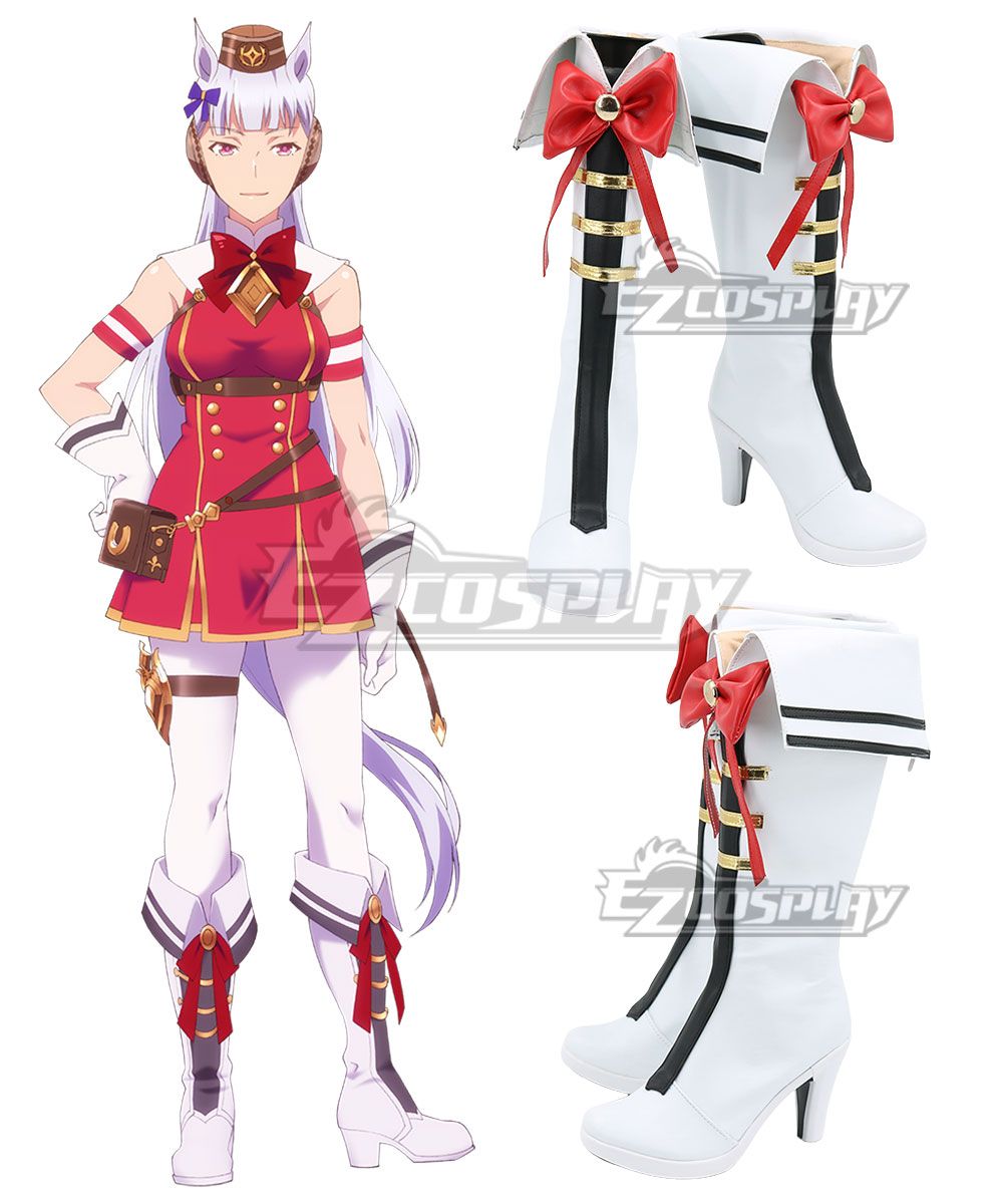 White heeled cosplay boots designed for Uma Musume Gold Ship, with red bow details