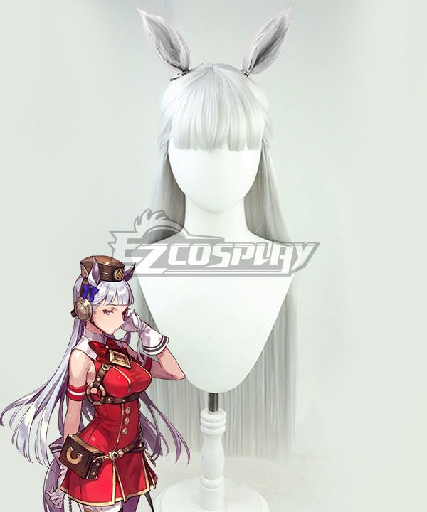 Silver long cosplay wig for Uma Musume Gold Ship, with detachable horse ears