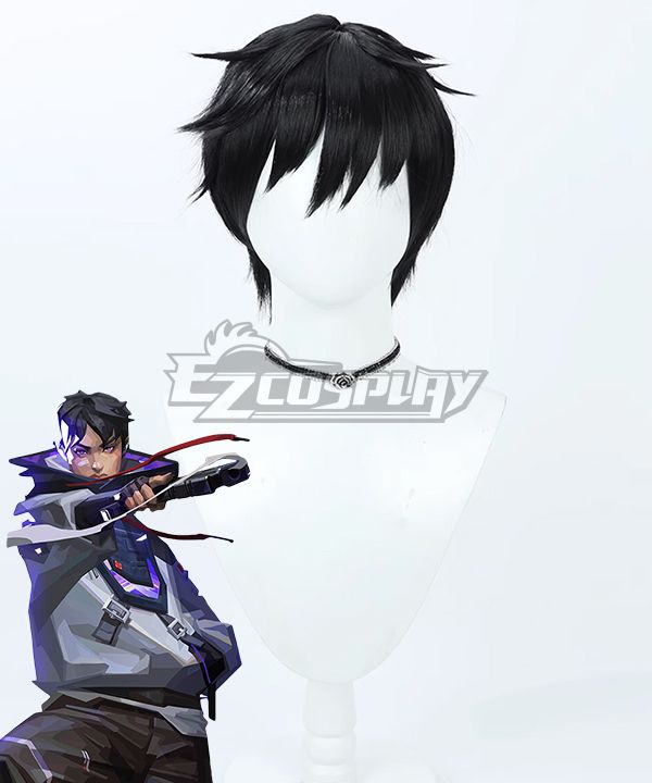 Mannequin bust display of ISO’s signature layered short black wig, spiky irregular bangs and natural messy side layers replicate the agent’s hairstyle, official character illustration placed at lower left for shape comparison