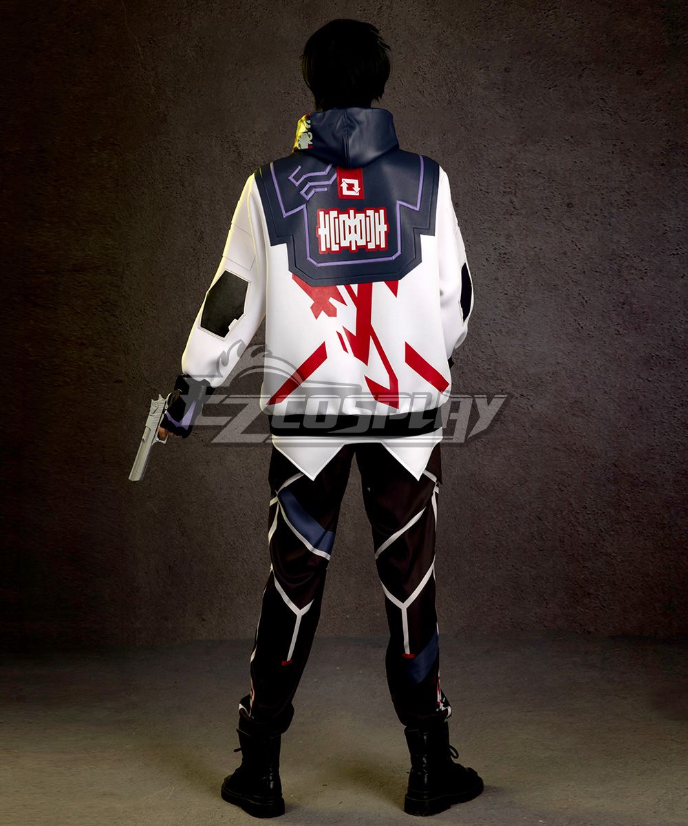 Rear-view full-body studio shot revealing the vest’s large back red geometric print, purple piping trim, hood inner lining detail, and continuous white-purple armor line printing down the jogger pants