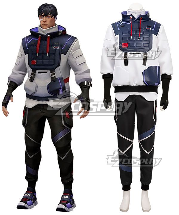 Side-by-side display of official ISO agent render and mannequin full costume set, including hooded tactical vest, high-neck inner top, printed jogger pants and matching fingerless gloves for direct color & proportion calibration
