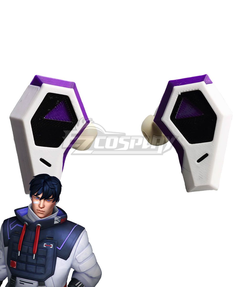 Pair of white-purple geometric headset props with hollow triangular window detail, small ISO character illustration attached at bottom left to verify ear wearing position and scale