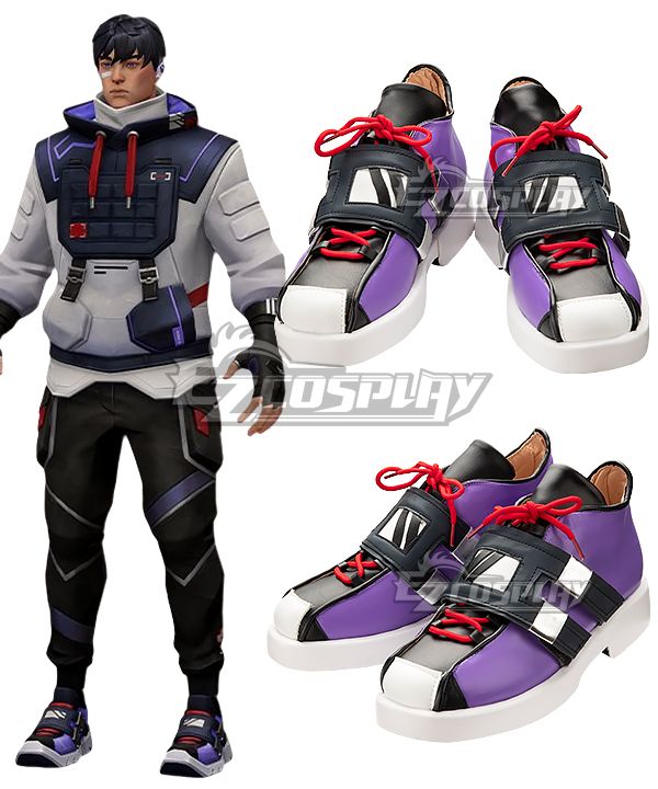 Two-angle display of ISO themed color-block sneakers with red laces, black adjustable velcro straps and thick white platform sole, official character render placed at left for shoe silhouette comparison